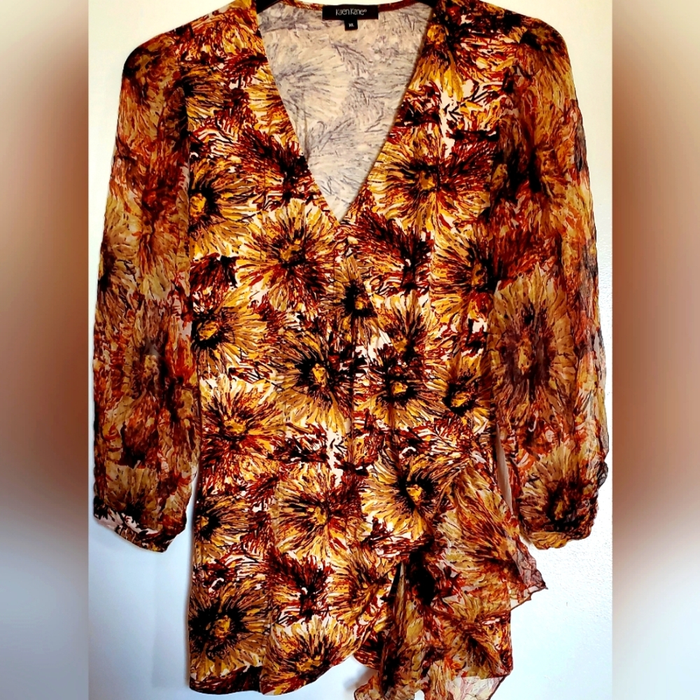 Karen Kane Women's Autumn Floral V-Neck Runched Blouse - Yellow and Brown
